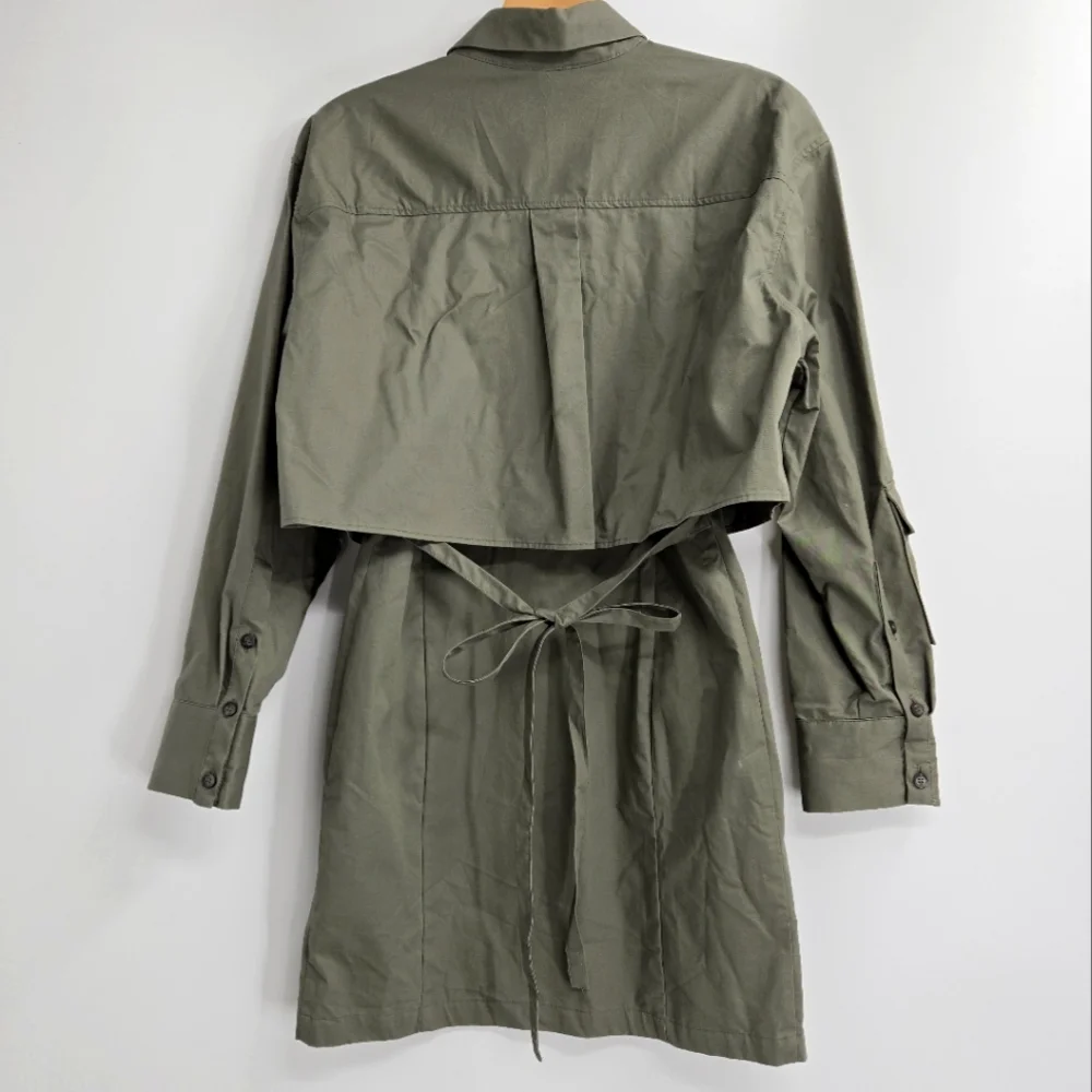 Zara Gabardine Shirt Dress Green Utility Long‎ Sleeves